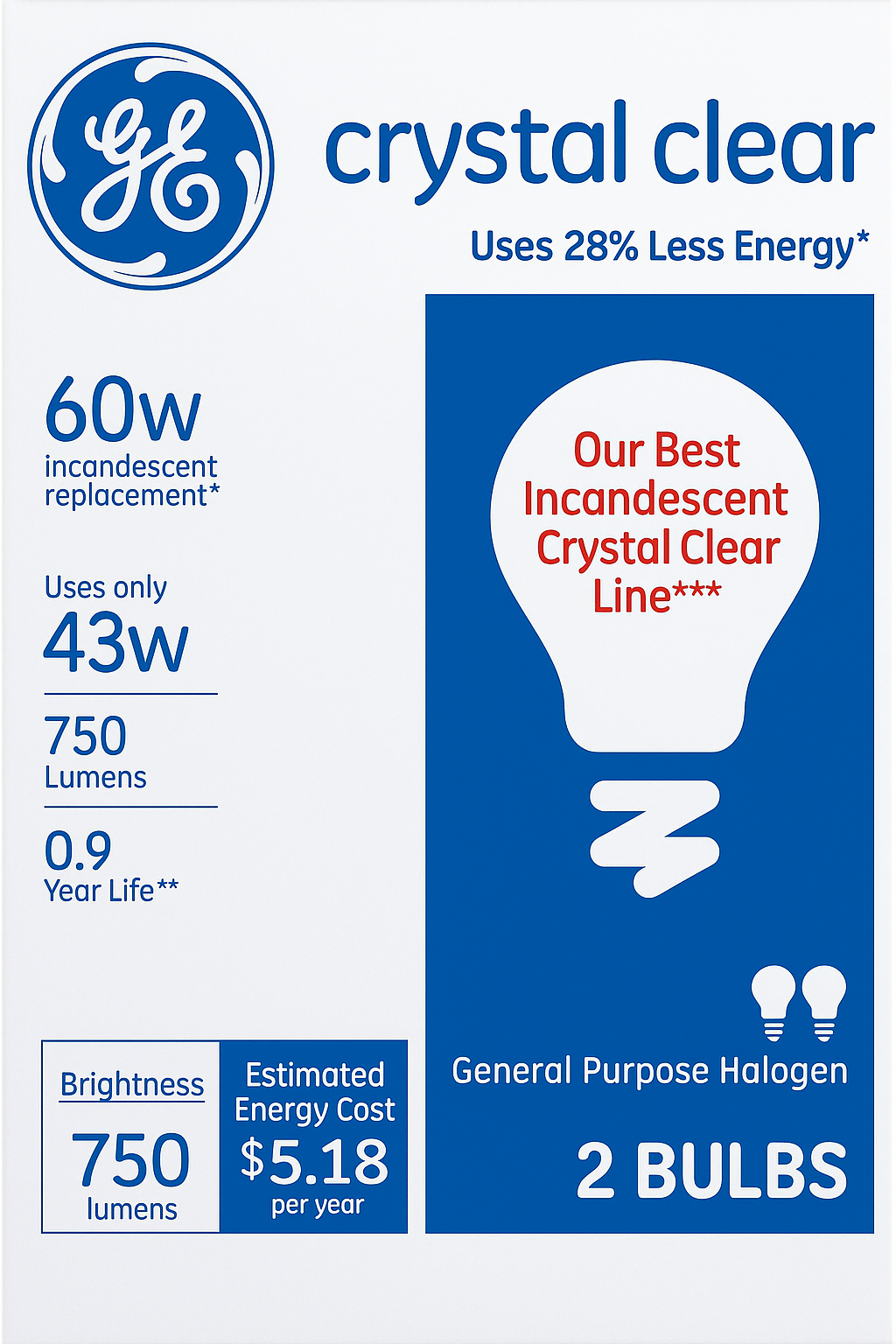 GE 60W Crystal Clear Light Bulbs A19 Shape E26 Screw