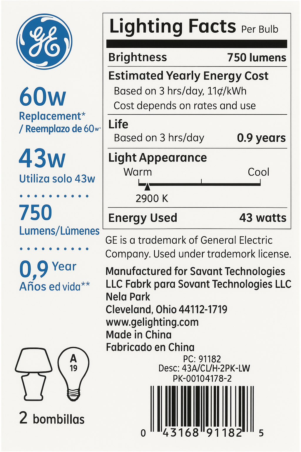 GE 60W Crystal Clear Light Bulbs A19 Shape E26 Screw