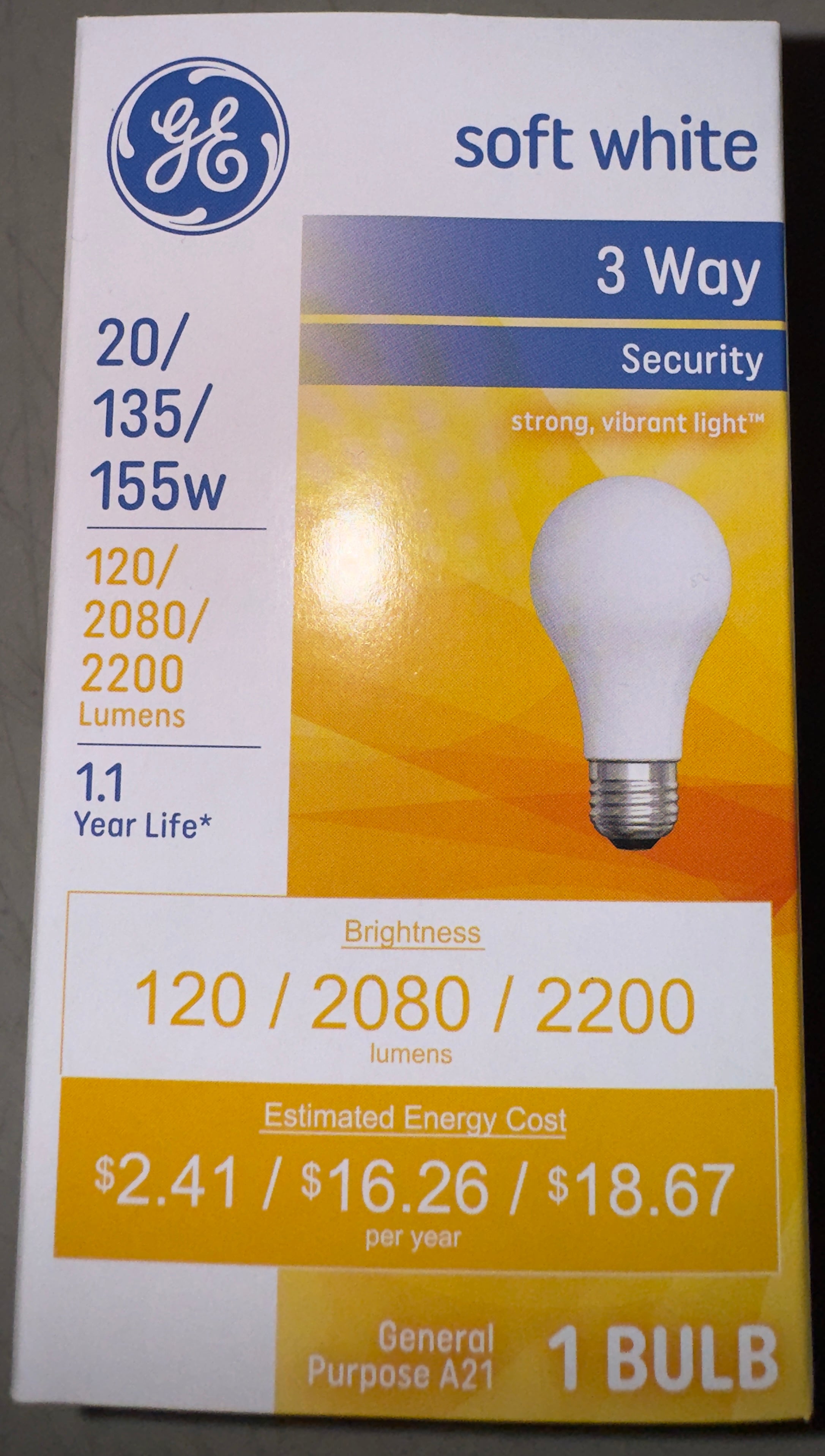 GE 3Way Soft White 20/135/155w Light Bulb A21 Shape