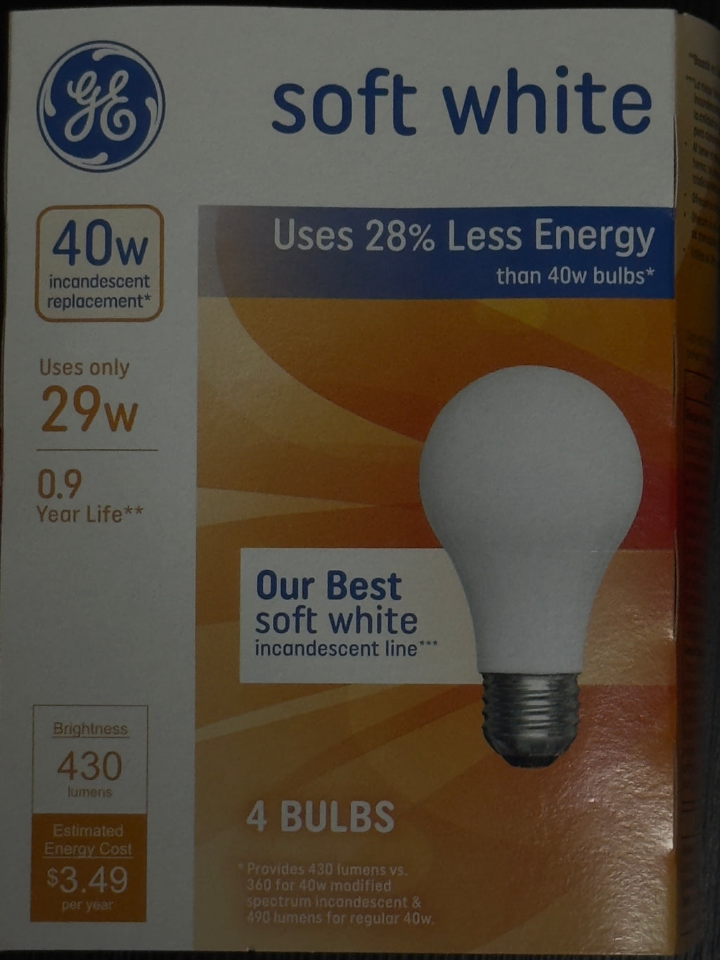 GE 40W Short White (Uses only 29W) Replacement 4 Light Bulbs A19 Shape E26 Screw