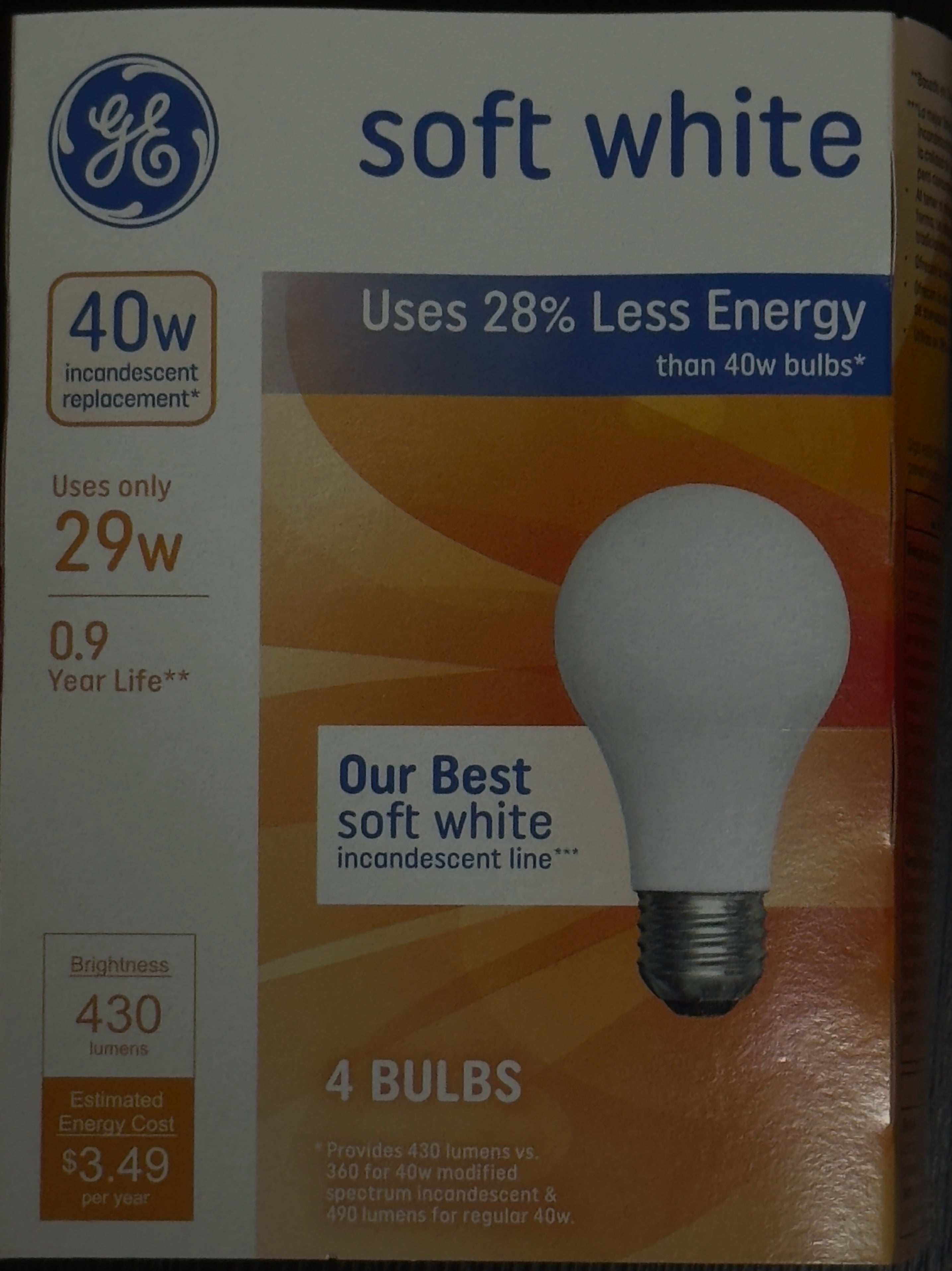 GE 40W Short White (Uses only 29W) Replacement 4 Light Bulbs A19 Shape E26 Screw